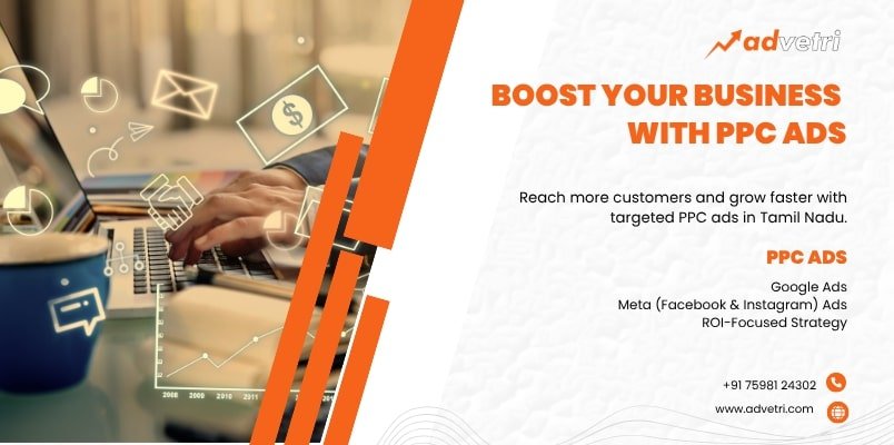 Person using a laptop with digital marketing icons, promoting PPC ads services by Advetri in Tamil Nadu.