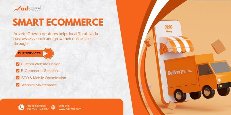 Smart ecommerce services by Advetri for Tamil Nadu businesses, showcasing delivery through mobile with service highlights.