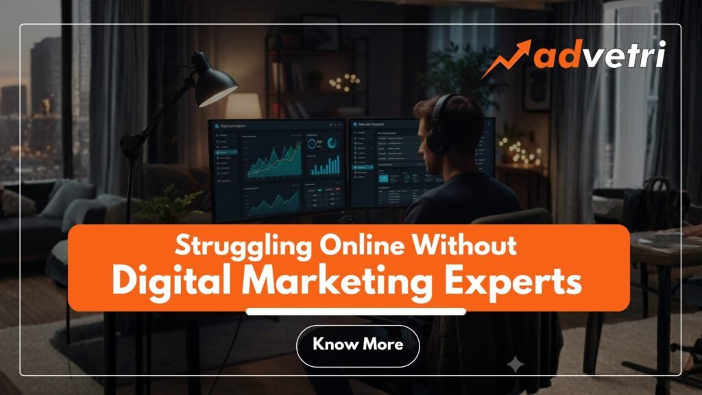 Business owner analyzing digital marketing data while struggling to grow online without experts.