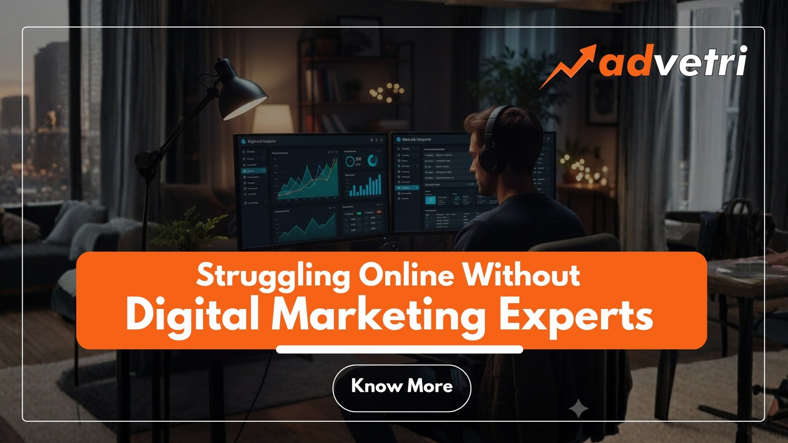 Business owner analyzing digital marketing data while struggling to grow online without experts.