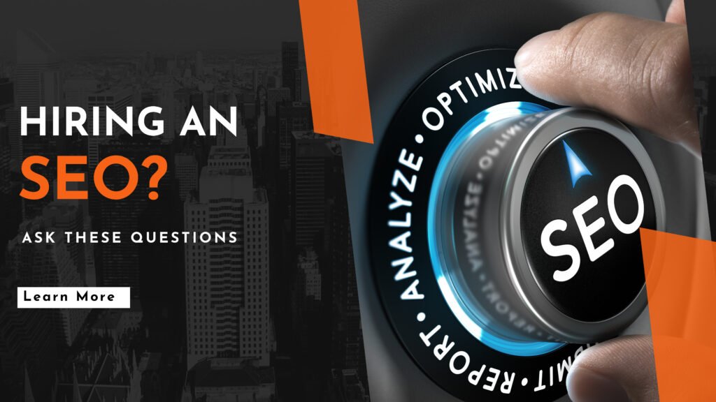 Hiring an SEO specialist concept with SEO optimization dial and text asking key questions